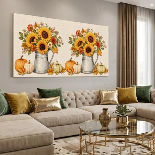 Thanksgiving Fall Large Wall Art Yellow Sunflower Pumpkins Leaf Linen Texture - Image 4