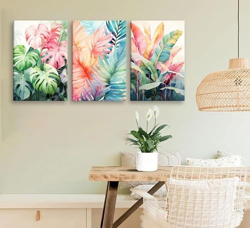Uofnvrji 3pcs Framed Tropical Botanical Monstera Leaves Canvas Wall Art - Image 3