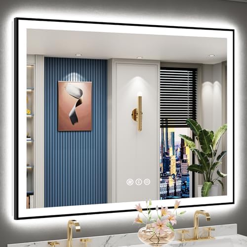 50x40 Black LED Bathroom Mirror, Backlit & Front Lit Lighted Mirror by Awandee