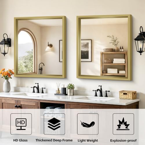 Bathroom Mirror, 30 x 36 inch Natural Wood Grain Colored Aluminum Metal Frame - Image 3
