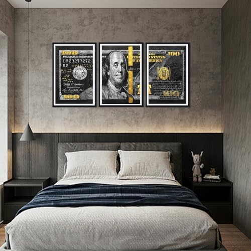Money Wall Art Canvas Black Framed 100 Dollar Bill Painting 3 Panels - Image 3
