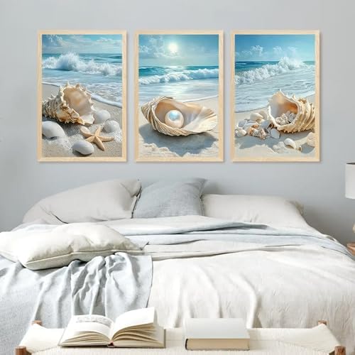 SYWENNOI Triptych Coastal Shell Pearl Framed Canvas Wall Art 20x30 inch x3 - Image 4