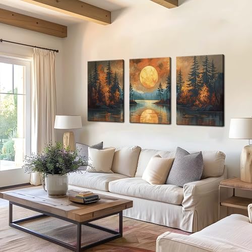 Framed Gold Mountain Forest Sunset Landscape Wall Art Set of 3, Abstract Boho - Image 4