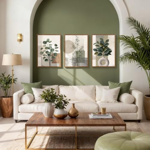 3 Pcs Framed Sage Green Boho Botanical Neutral Abstract Canvas Wall Art - Image 2