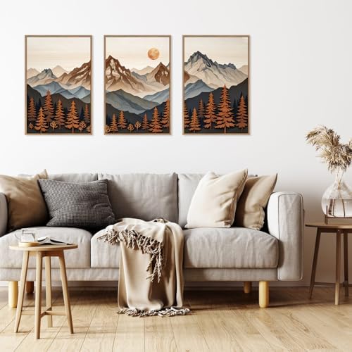 HLNIUC Large Boho Mountain Framed Canvas Wall Art Set, Woodcut Style Mountain - Image 4