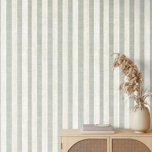 Sage Green and Cream White Textured Striped Peel and Stick Wallpaper, Self by Unknown