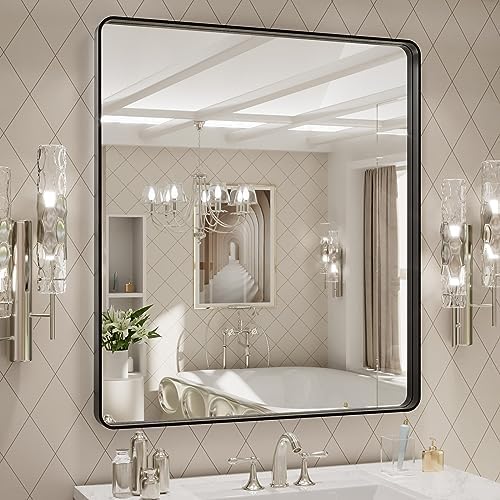 LOAAO 32x36 Inch Black Bathroom Mirror Metal Framed by LOAAO