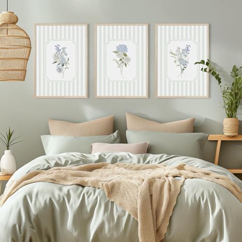 Blue Hydrangea Wall Art Floral Canvas Prints Sage Green Striped Wall Decor - Image 5