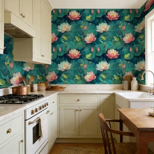 Watercolor Lotus Frog Pond Peel and Stick Wallpaper Self Adhesive 17.72" x - Image 6