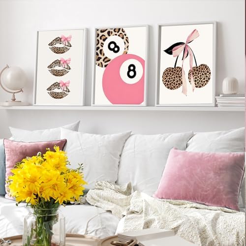 Trendy Pink Leopard Bow Wall Art Set of 3 Funky Cherry Lucky 8 Ball Posters - Image 5