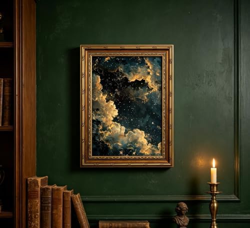 Vintage Gold Framed Moody Celestial Canvas Wall Art Retro Cloud Abstract Night - Image 4