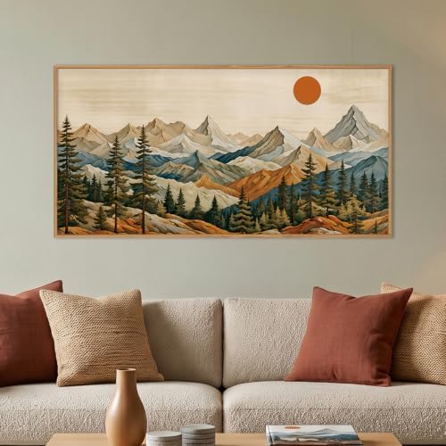 Boho Mountain Woodcut Framed Canvas Wall Art 20"X40" by Ausril