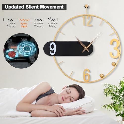 Large Wall Clock 24" Round Battery Operated Modern Golden Wall Clocks - Image 2