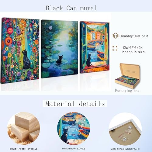 MUWAK Framed Funny Monet Black Cat Canvas Wall Art – Whimsical Matisse Cat - Image 5