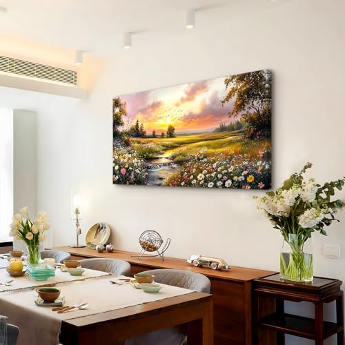 crmotu Rustic Wildflowers Wall Decor, Riverside Sunset Prints 24X48 In - Image 4