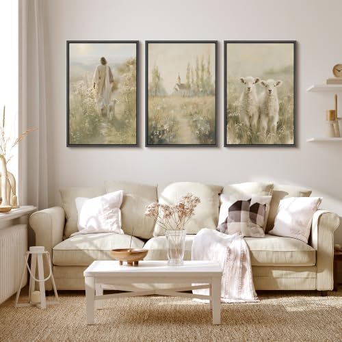 MUDECOR Framed Canvas Print Wall Art Set Jesus and Lambs - Image 2