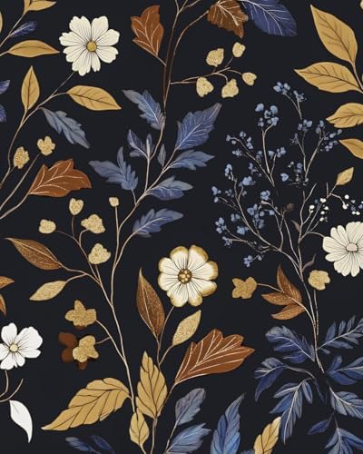 BOKEBEVE Floral Wallpaper Peel and Stick Vintage Blue Gold 17.5 x 393.5In by BOKEBEVE