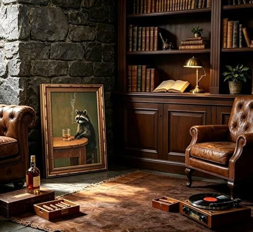 Vintage Gold Framed Smoking Raccoon Wall Art, Moody Dark Funny Animal Whiskey - Image 4