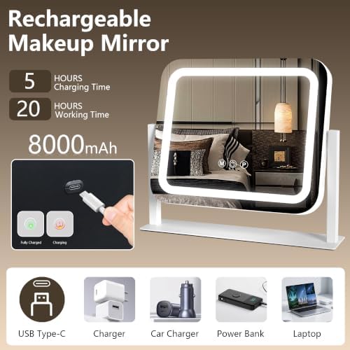 Ratsamee Rechargeable Vanity Mirror, 8000mAh 12"×14" Makeup Mirror - Image 2