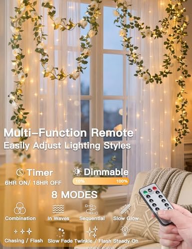 suddus 60LED Garland with White Camellia Lights Battery Operated Clear Wire - Image 2