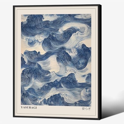 Japanese Blue Waves Wall Art Vintage Oriental Japandi Wabi Sabi Poster 12X16 by rumlud