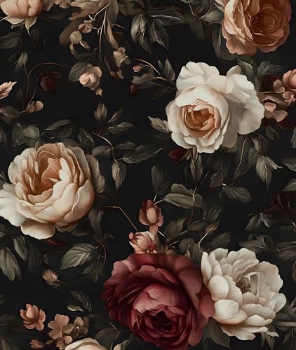 Laatse Vintage Black Red Rose Floral Wallpaper Peel and Stick 17.5"x787" by Laatse