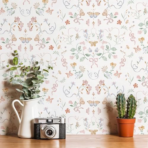 Peel and Stick Wallpaper for Nursery White Cute Bow Leaf Waterproof by Fiula