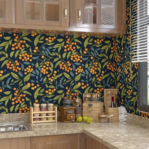 BOKEBEVE Leaf Floral Wallpaper Peel n Stick Boho Blue Orange 17.5 x 118In - Image 2