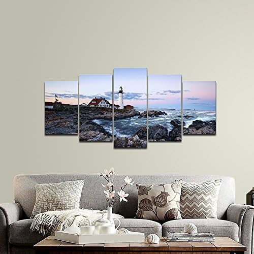 Wieco Art Portland Lighthouse 5 Panels Modern Canvas Prints Artwork Seascape - Image 4