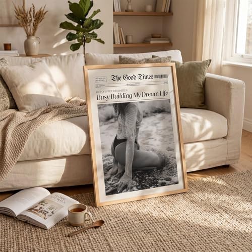 Funky Black And White Newspaper Canvas Wall Art 16x20in Wood Grain Frame Trendy - Image 3