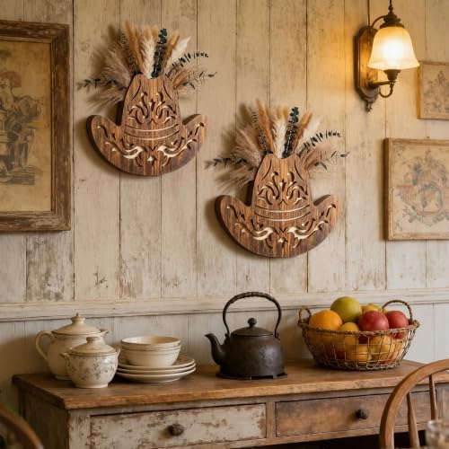Novabright 2 Pack Western Cowboy Hat Wooden Wall Planter Rustic Wall Decor - Image 2