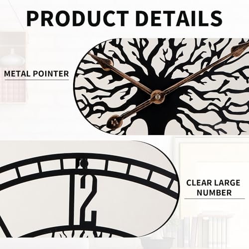 Dankeit Tree of Life Wall Clock, 24Inch Metal Black Family Tree Oversized Wall - Image 3