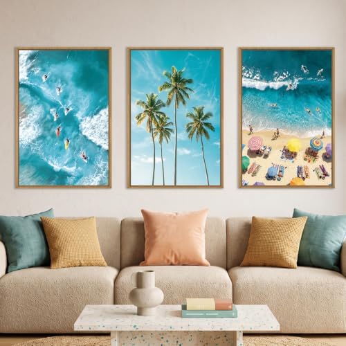 Aryroi Summer Surfing Beach Seascape Framed Canvas Wall Art Set, Natural - Image 2