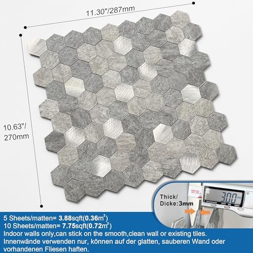 Peel and Stick Backsplash Hexagon Marble Tiles Gray 10pcs - Image 4