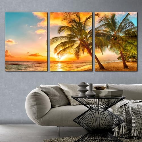 3 Panels Sea Landscape Modern Wall Art Ocean Sunset Canvas Prints Sea Beach - Image 2