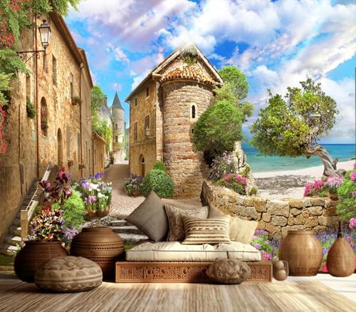 Vibrant Mediterranean Coastal Village Ocean Wallpaper - Image 3
