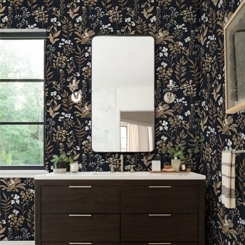 Black Moody Floral Wallpaper Peel and Stick 17.3" x 393.7" Contact Paper - Image 2