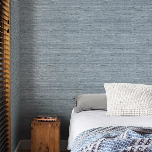 Simon&Siff Gray Blue Textured Grasscloth Peel and Stick Wallpaper 17.7"x1200" - Image 2