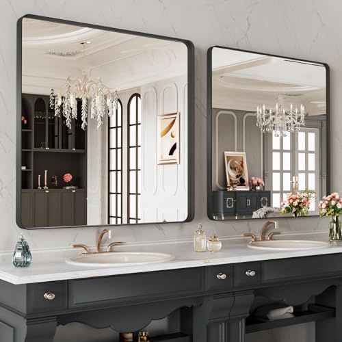 LOAAO 32X32 Inch Black Metal Framed Bathroom Mirror - Image 4