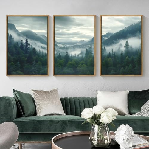 IARTTOP Large Misty Mountain Framed Wall Art 16x24 inch Green Foggy Forest by IARTTOP