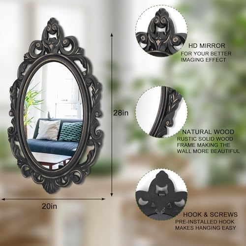 Oval Mirror Black Wooden Hanging Mirrors Carved Wall Mirror Baroque Style Frame - Image 2