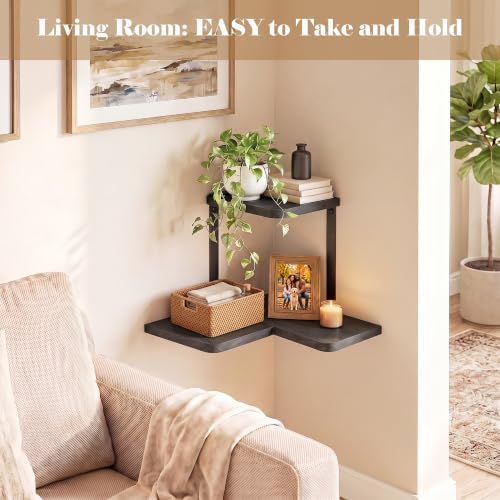 SRIWATANA 2-Tier Corner Wall Shelf, Rustic Wood Storage Display Shelf Black - Image 4