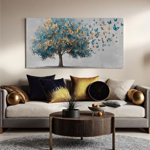 YISXINOAG Blue Gold Tree of Life Wall Art Butterfly Landscape Print 24"X48" - Image 5