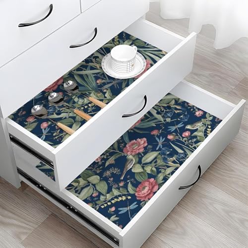 Navy Bird and Floral Peel and Stick Wallpaper Vintage 17in x 197in - Image 2