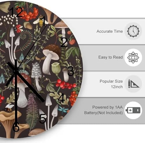 Botanical Wall Clock, Vintage Cartoon Abstract Botanical Mushroom Plants - Image 3