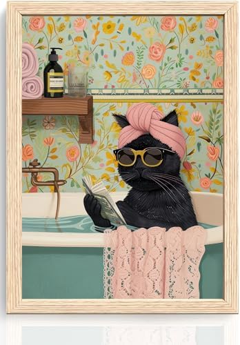 ICHZUMW Framed Funny Black Cat in Bathtub Canvas Bathroom Wall Art 12x16 In by Unknown