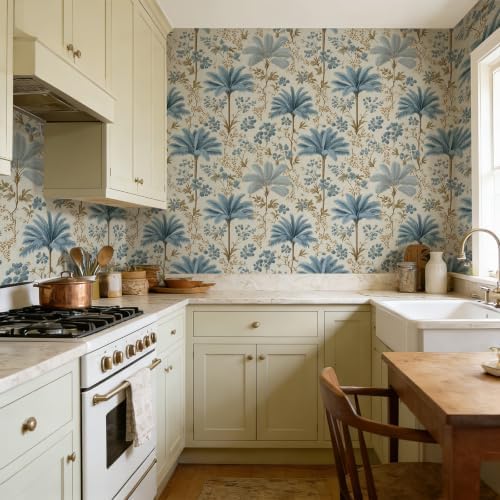 Stickorama Vintage Chinoiserie Blue Palm Tree Floral Peel and Stick Wallpaper - Image 6