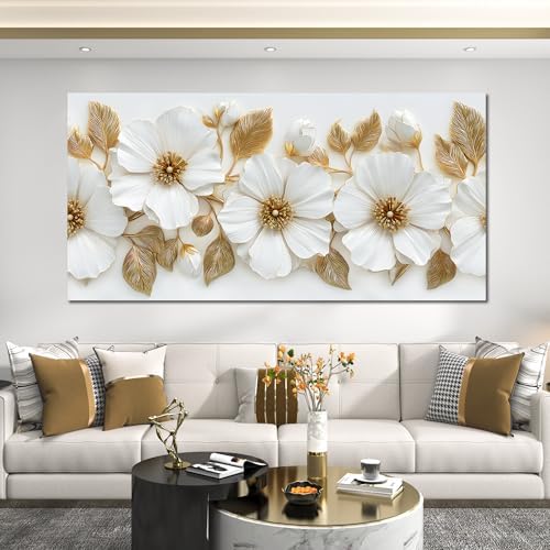 Large Canvas Wall Art for Living Room White and Gold Floral Print Painting wall - Image 2
