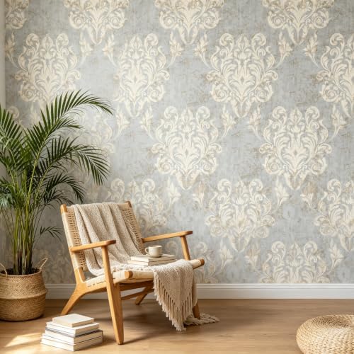 17.3"x118" Antique Grey Damask Peel & Stick Wallpaper, Distressed Textured - Image 5
