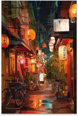 Japanese Tokyo Tea House Canvas Wall Art Asian Lantern Street Night Scene by Unknown